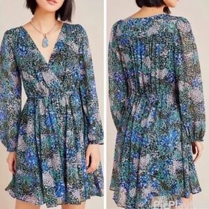 Anthropologie Blue and Green Floral Mini Dress